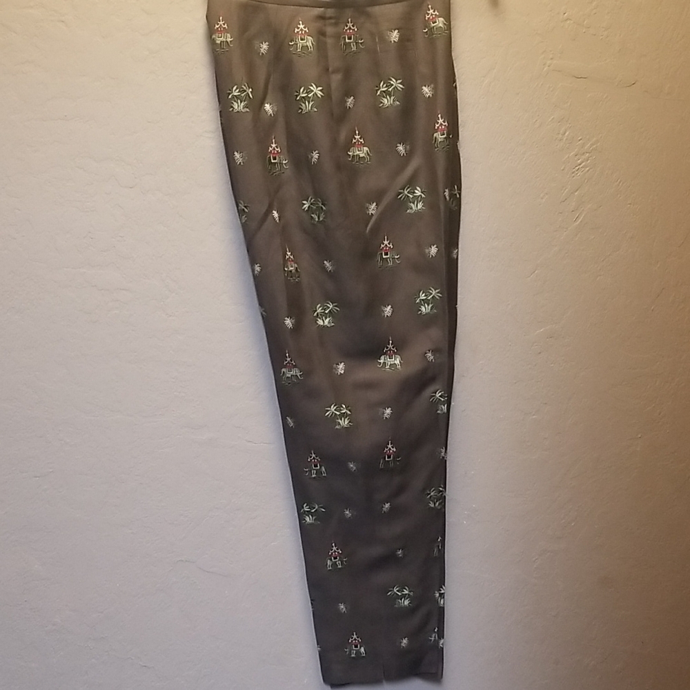 TALBOT'S Sz 6 Silk&Linen Ladies Slacks, brown,  Palms/elephant, EUC,#2560
